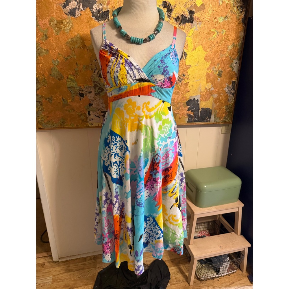 Jams World Vienna Midi Sun Dress Multi Color Abstract Floral Rayon Pockets L
